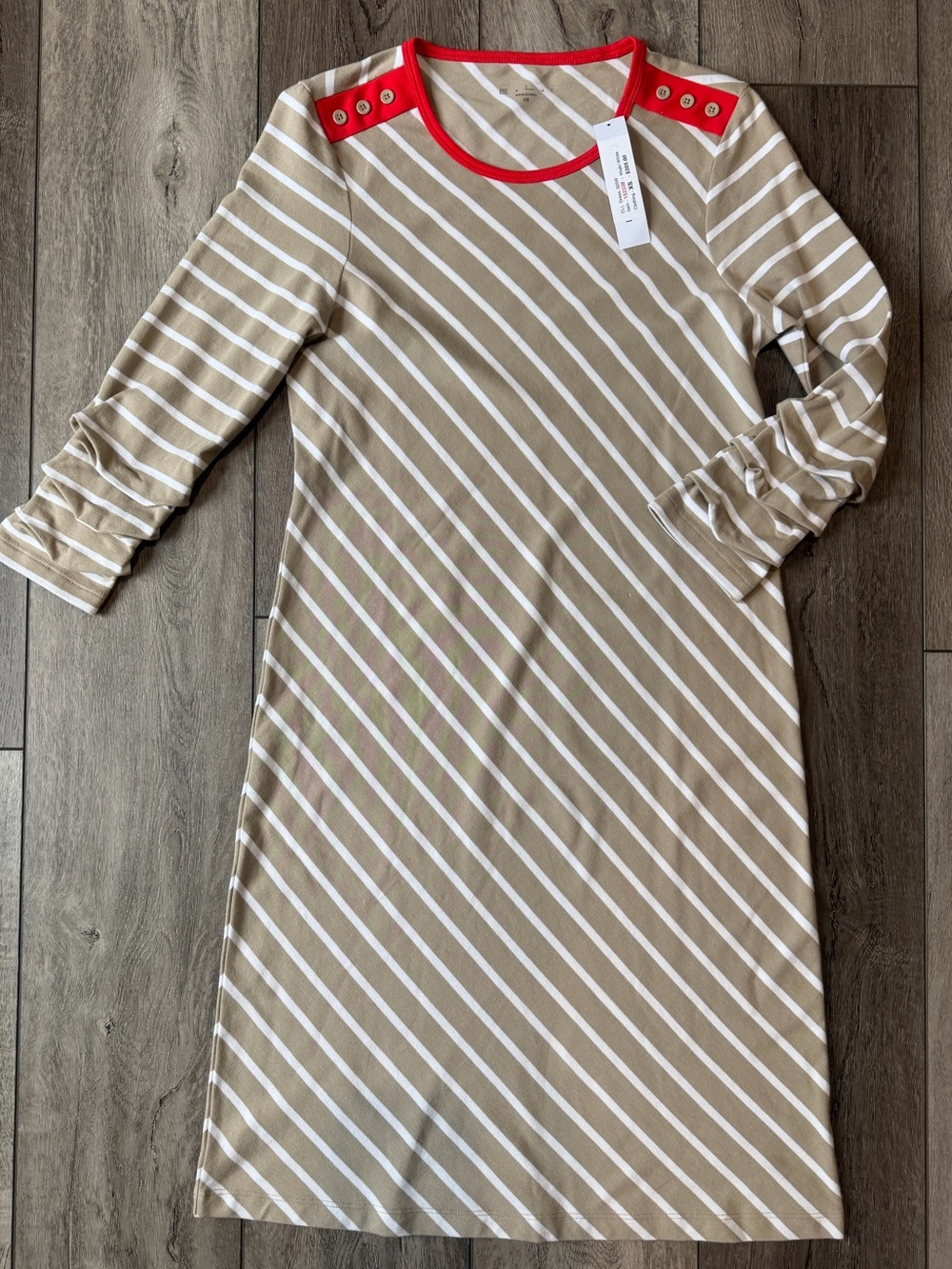 ELI- Coastal Classic Pima Cotton Striped Beige & White Shift Dress with Red Trim